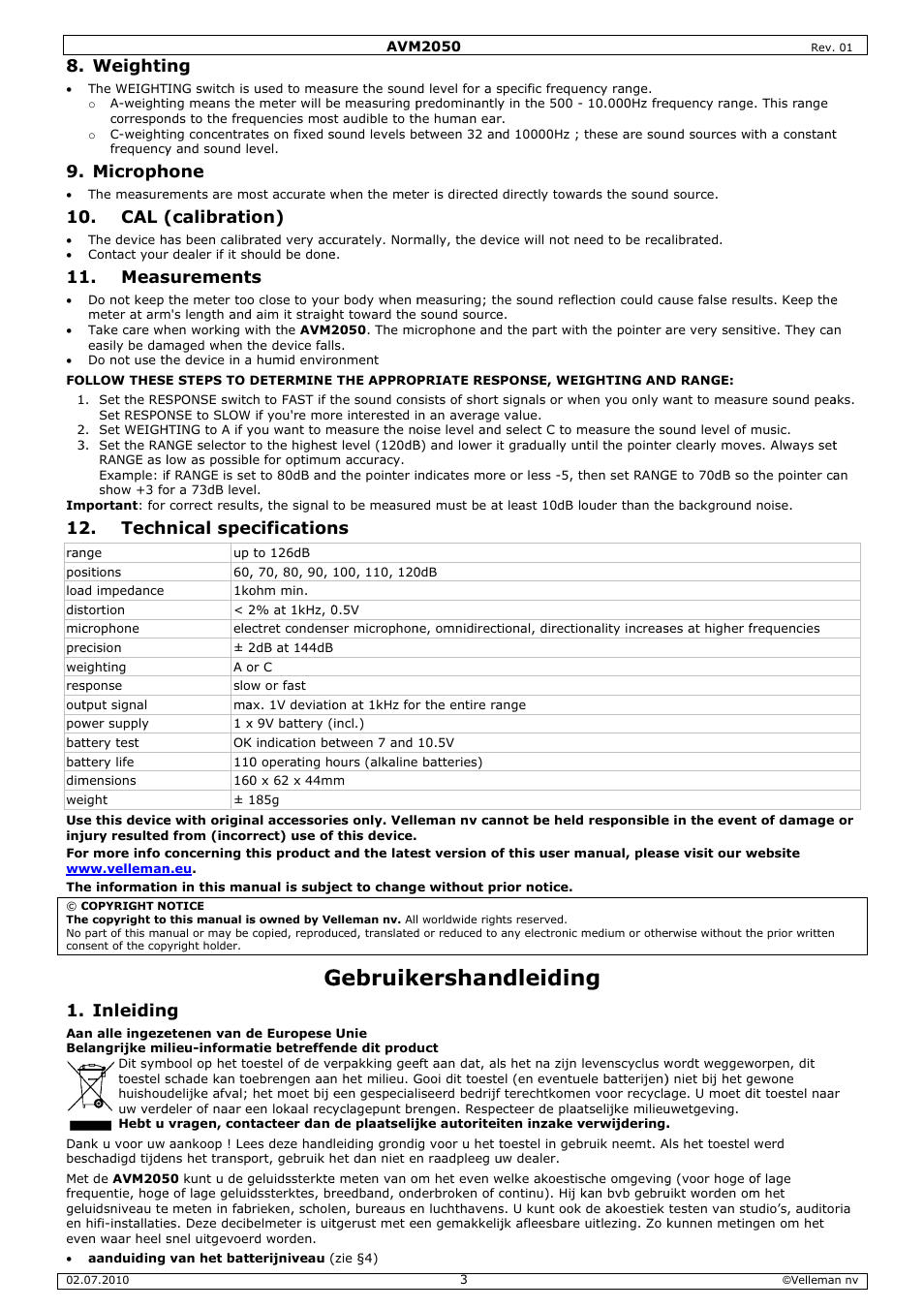 Gebruik, Kershan, Ndleidin | Weighti, Microph, Meas, Tech, Inleidin, Hone, Calibrati | Velleman AVM2050 User Manual | Page 3 / 12