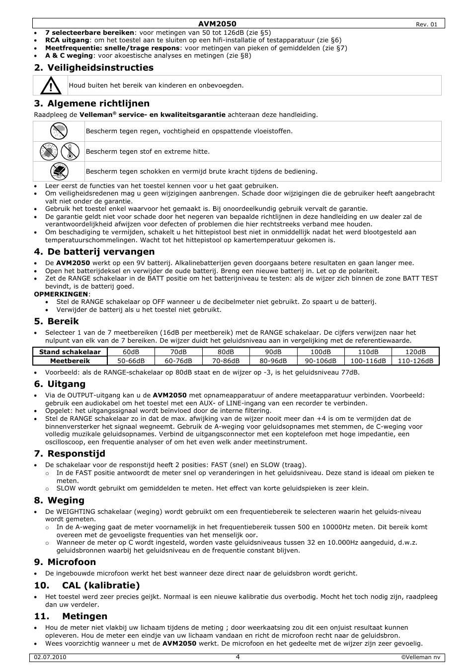 Veilighe, Algemen, De batte | Bereik, Uitgang, Respons, Weging, Microfoo, Metin, Eidsinstru | Velleman AVM2050 User Manual | Page 4 / 12