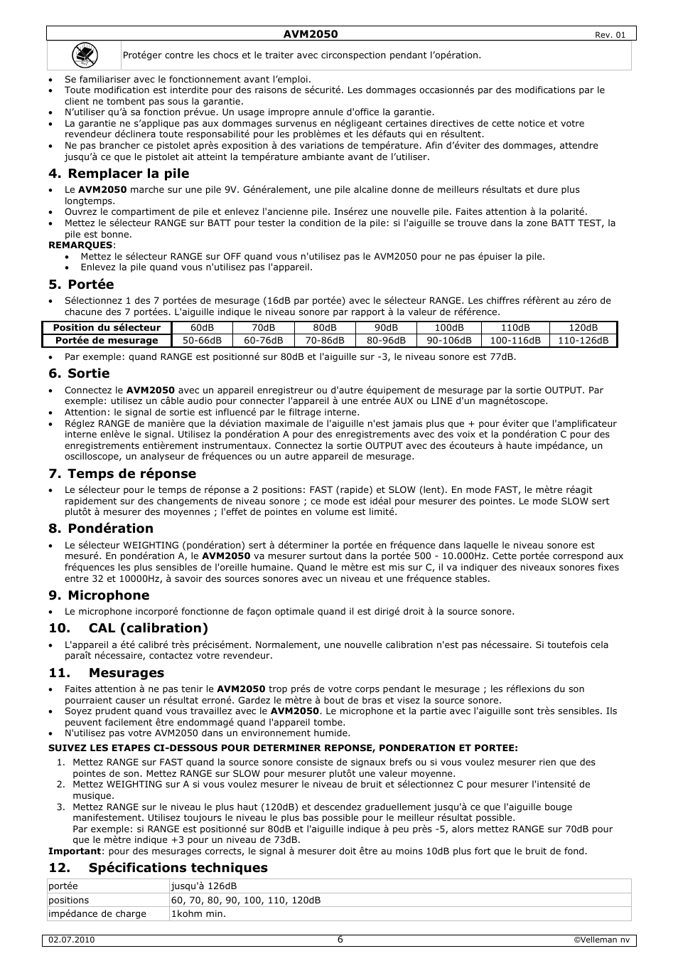 Remplacer la pile, Portée, Sortie | Temps de réponse, Pondération, Microphone, Cal (calibration), Mesurages, Spécifications techniques | Velleman AVM2050 User Manual | Page 6 / 12
