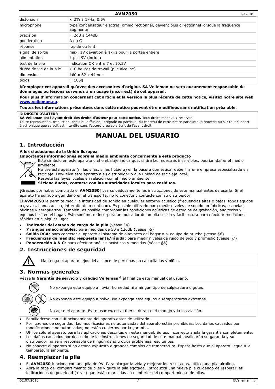 Manual, L del u, Usuari | Introduc, Instrucc, Normas, Reempla, Cción, Ciones de, Generale | Velleman AVM2050 User Manual | Page 7 / 12