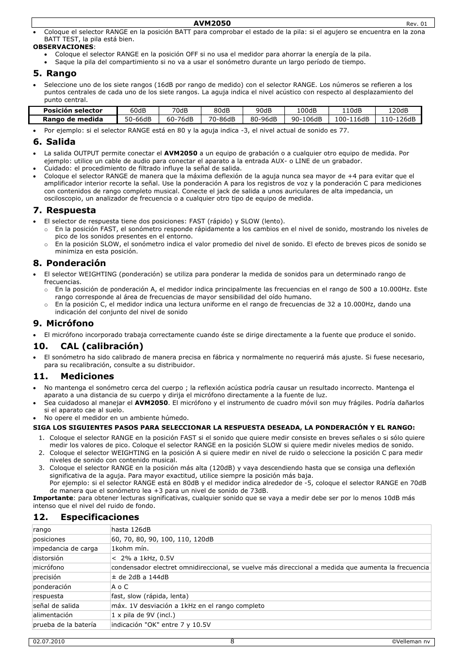 Rango, Salida, Respuesta | Ponderación, Micrófono, Cal (calibración), Mediciones, Especificaciones | Velleman AVM2050 User Manual | Page 8 / 12