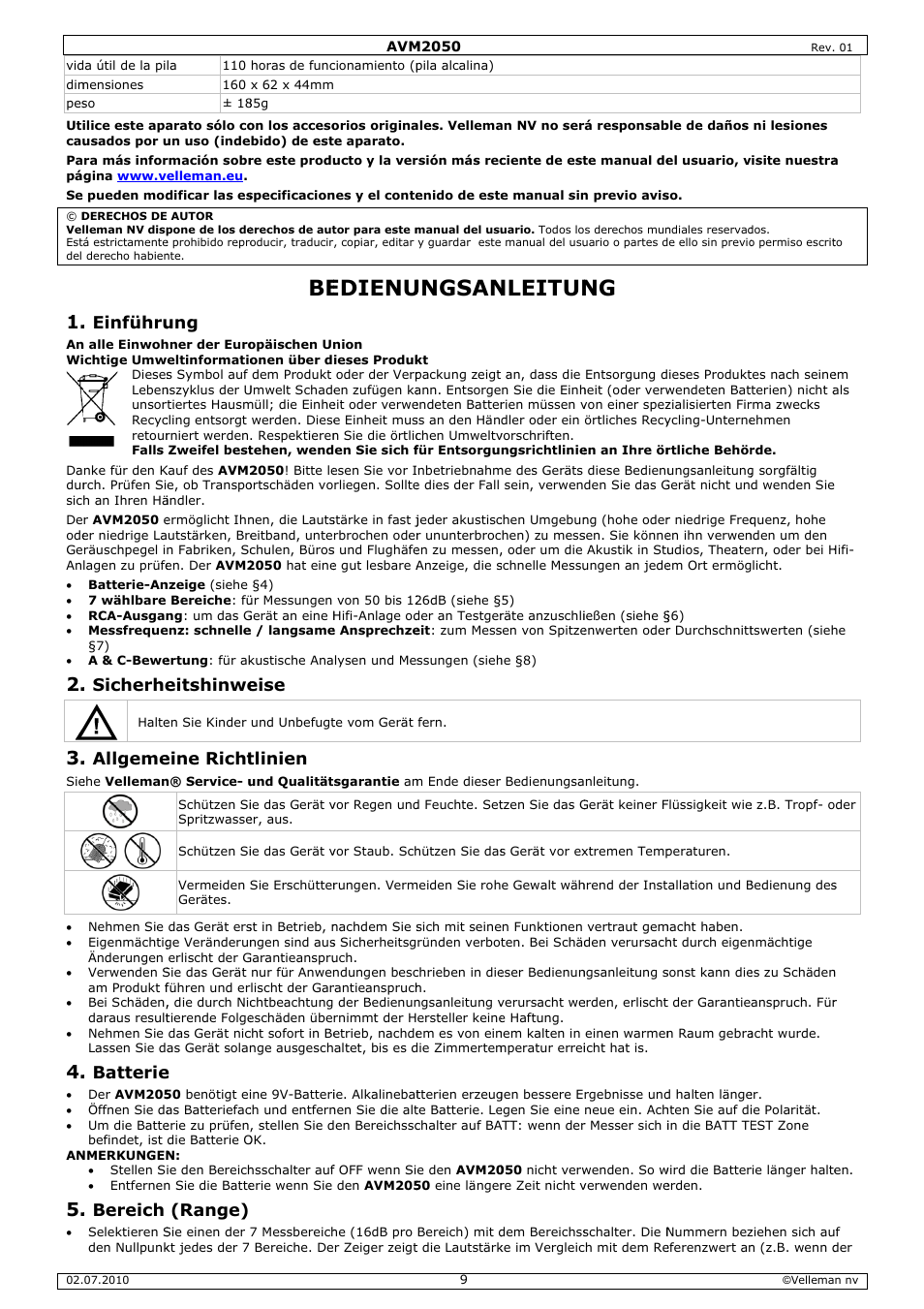 Edienu, Ungsan, Nleitun | Einführu, Sicherhe, Allgeme, Batterie, Bereich, Eitshinwe, Eine richt | Velleman AVM2050 User Manual | Page 9 / 12