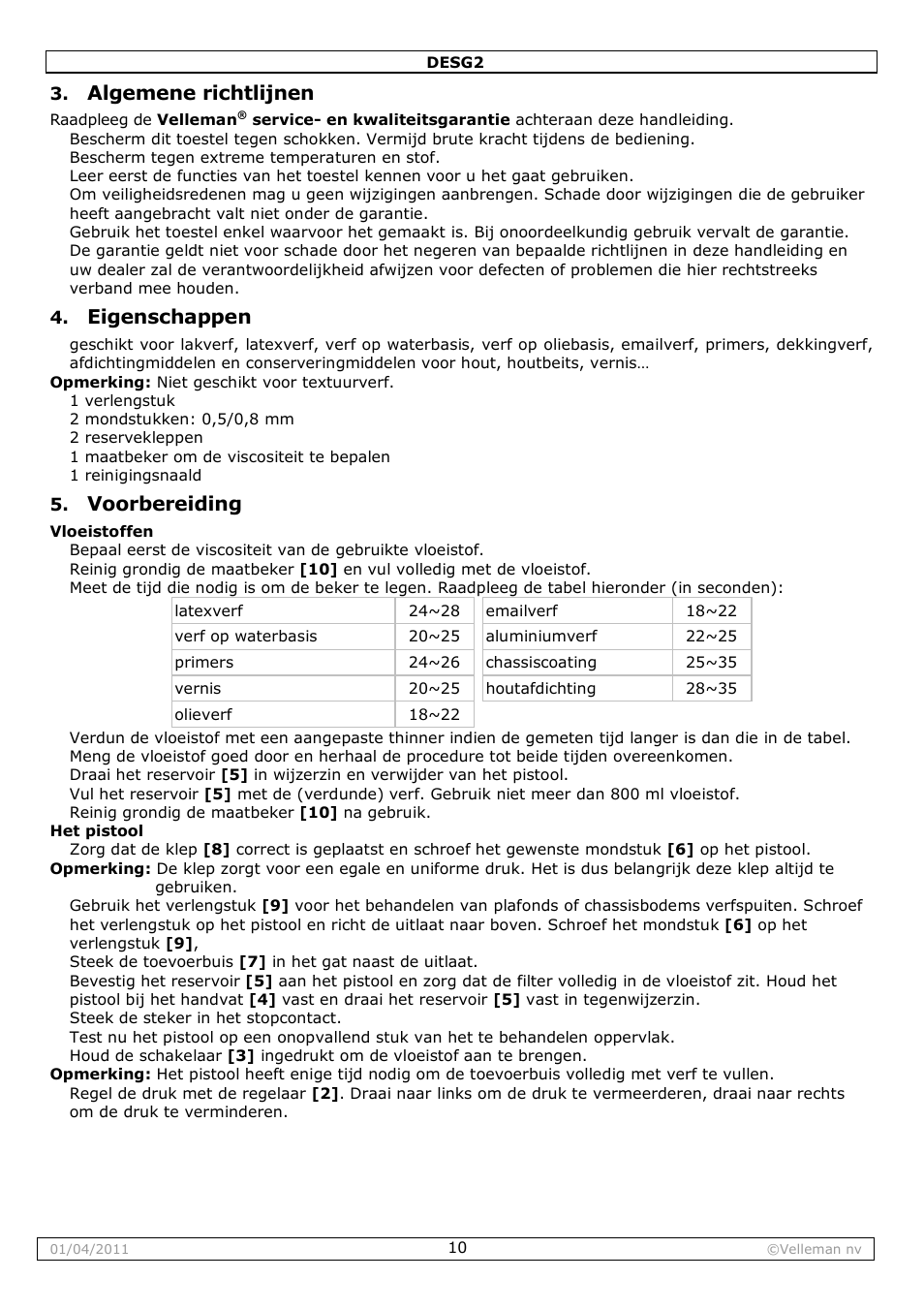 Algemene richtlijnen, Eigenschappen, Voorbereiding | Velleman DESG2 User Manual | Page 10 / 26