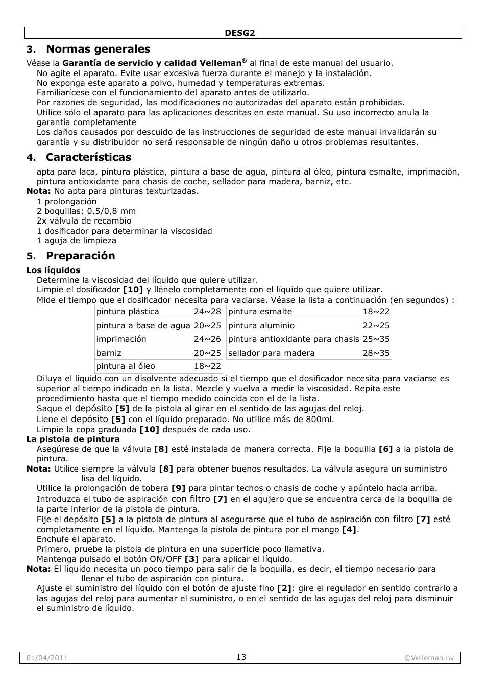Normas generales, Características, Preparación | Velleman DESG2 User Manual | Page 13 / 26