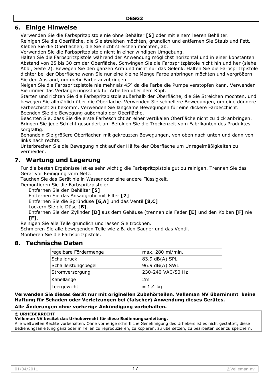 Einige hinweise, Wartung und lagerung, Technische daten | Velleman DESG2 User Manual | Page 17 / 26