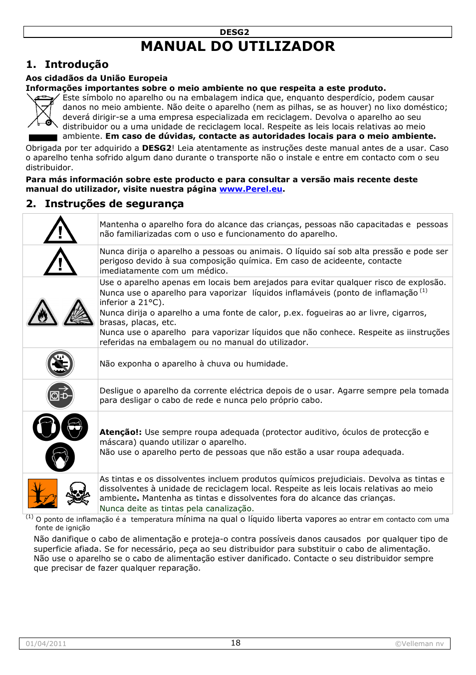 Manual do utilizador, Introdução, Instruções de segurança | Velleman DESG2 User Manual | Page 18 / 26