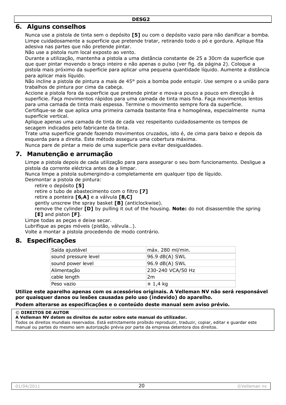 Alguns conselhos, Manutenção e arrumação, Especificações | Velleman DESG2 User Manual | Page 20 / 26