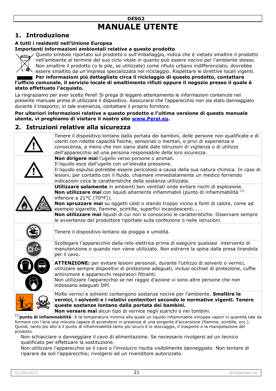 Manuale utente, Introduzione, Istruzioni relative alla sicurezza | Velleman DESG2 User Manual | Page 21 / 26
