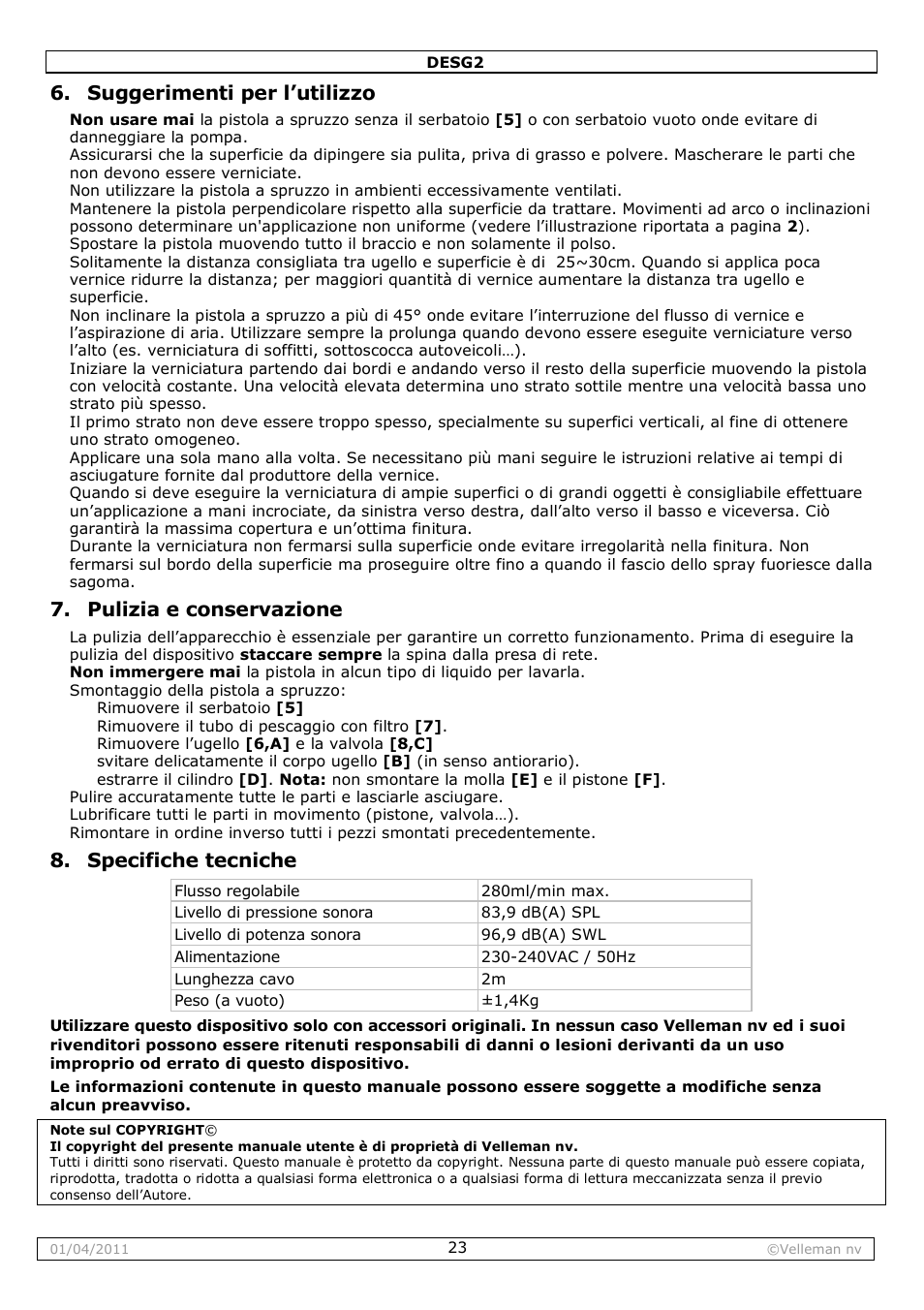 Suggerimenti per l’utilizzo, Pulizia e conservazione, Specifiche tecniche | Velleman DESG2 User Manual | Page 23 / 26