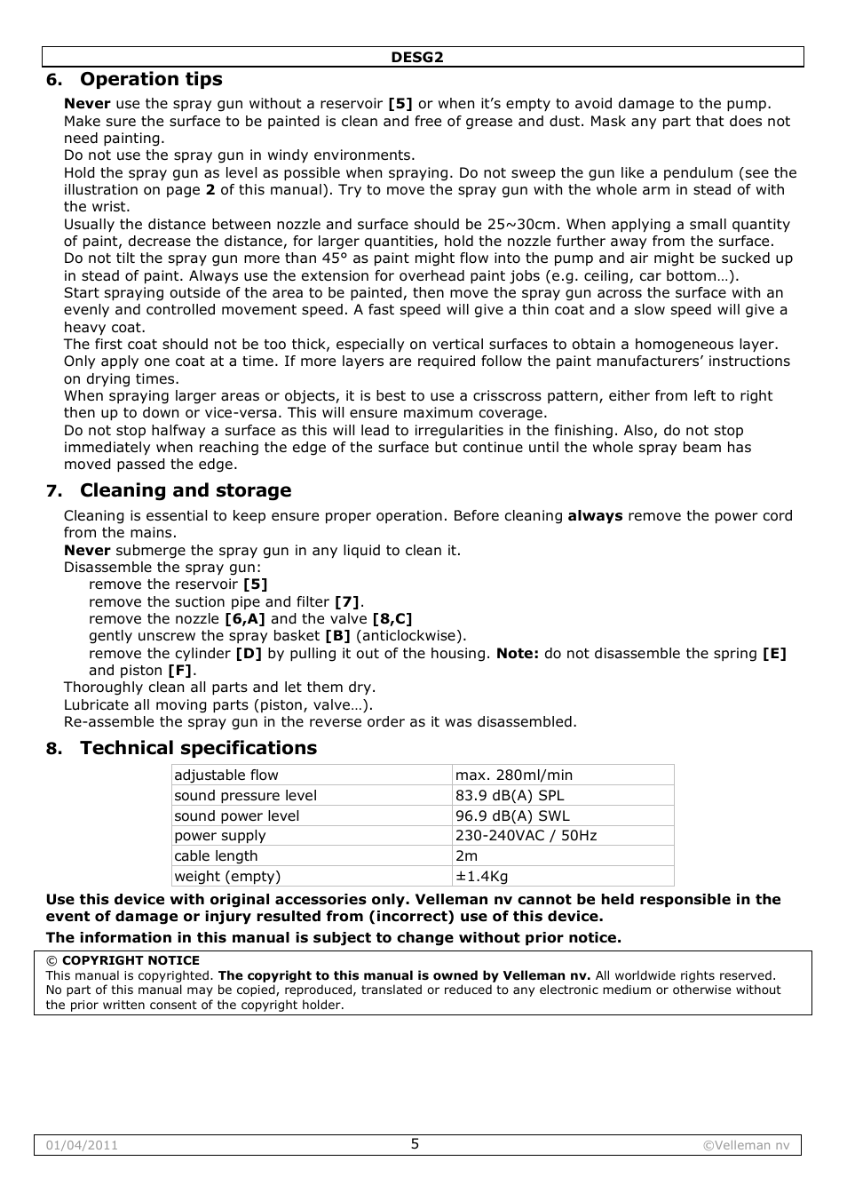 Operation tips, Cleaning and storage, Technical specifications | Velleman DESG2 User Manual | Page 5 / 26