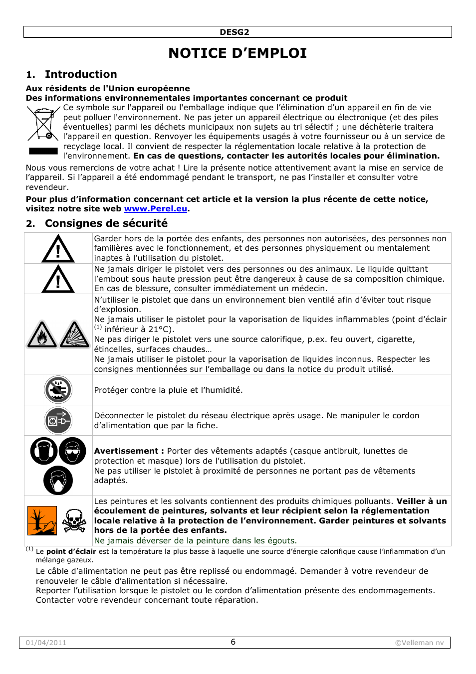 Notice d’emploi, Introduction, Consignes de sécurité | Velleman DESG2 User Manual | Page 6 / 26