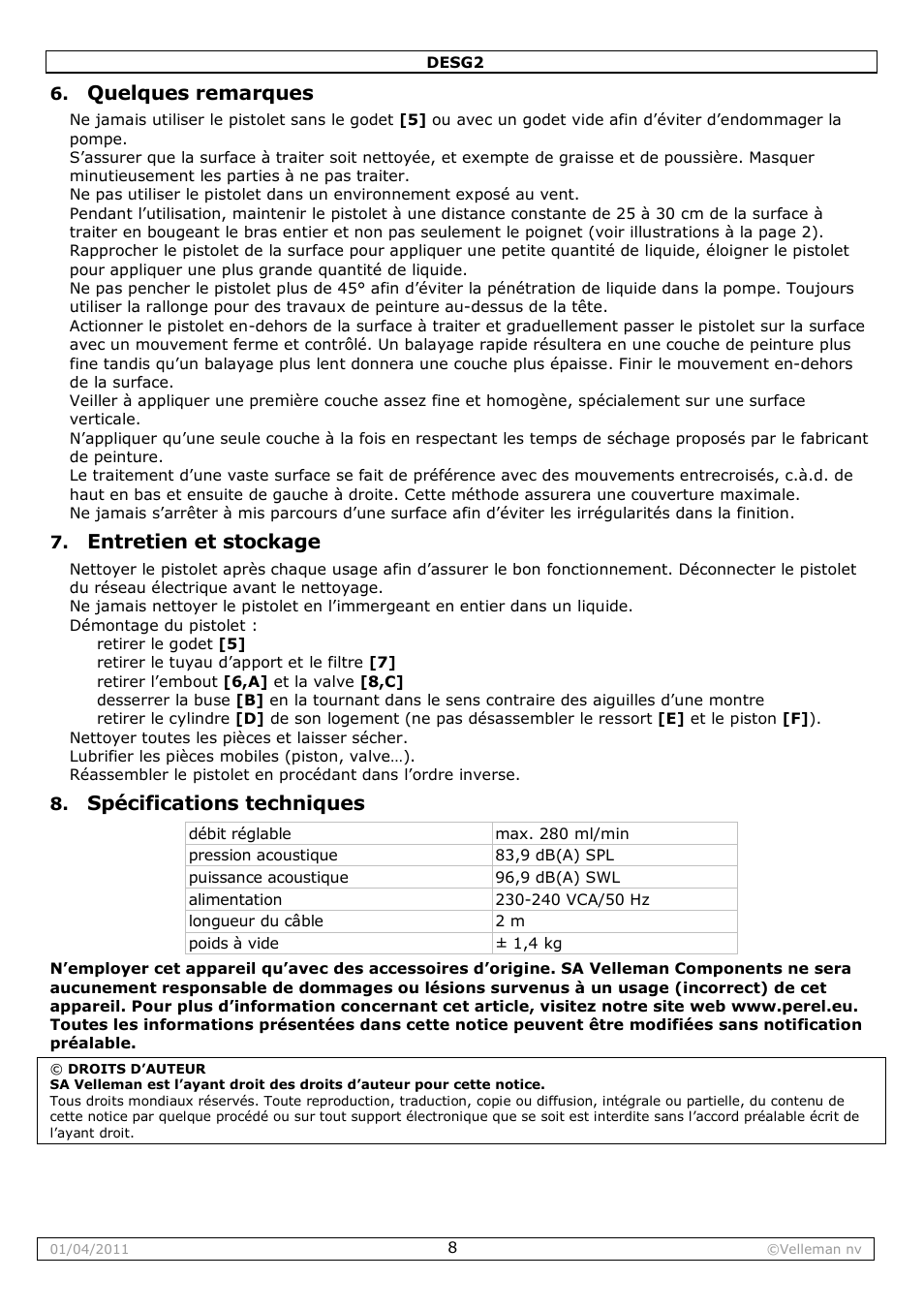 Quelques remarques, Entretien et stockage, Spécifications techniques | Velleman DESG2 User Manual | Page 8 / 26