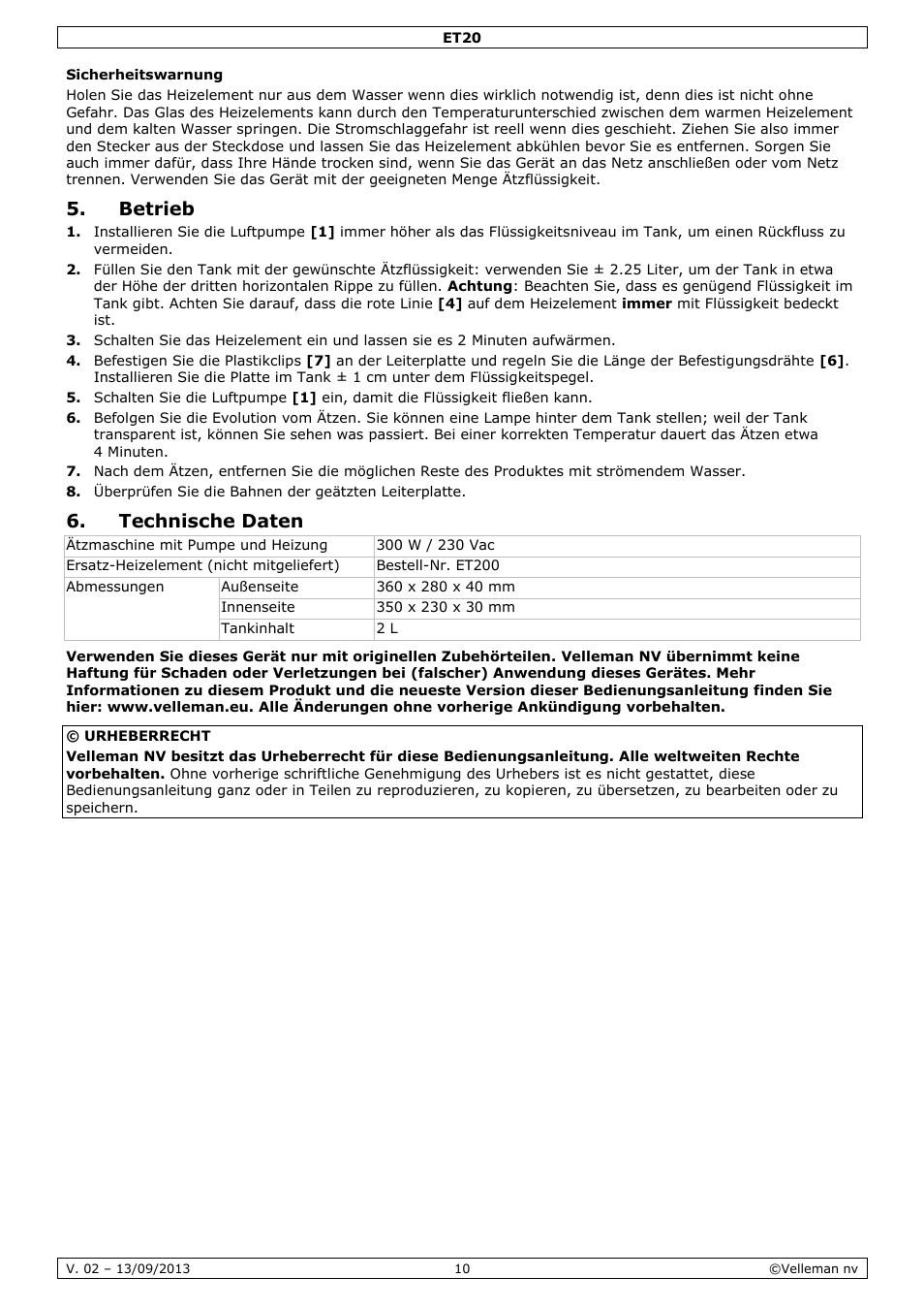 Sicherheitswarnung, Betrieb, Technische daten | Velleman ET20 User Manual | Page 10 / 12