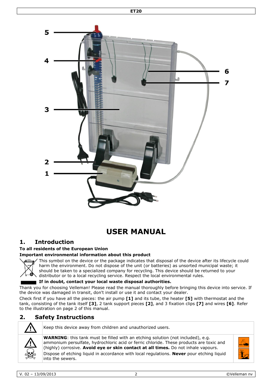 User manual, Introduction, Safety instructions | Velleman ET20 User Manual | Page 2 / 12