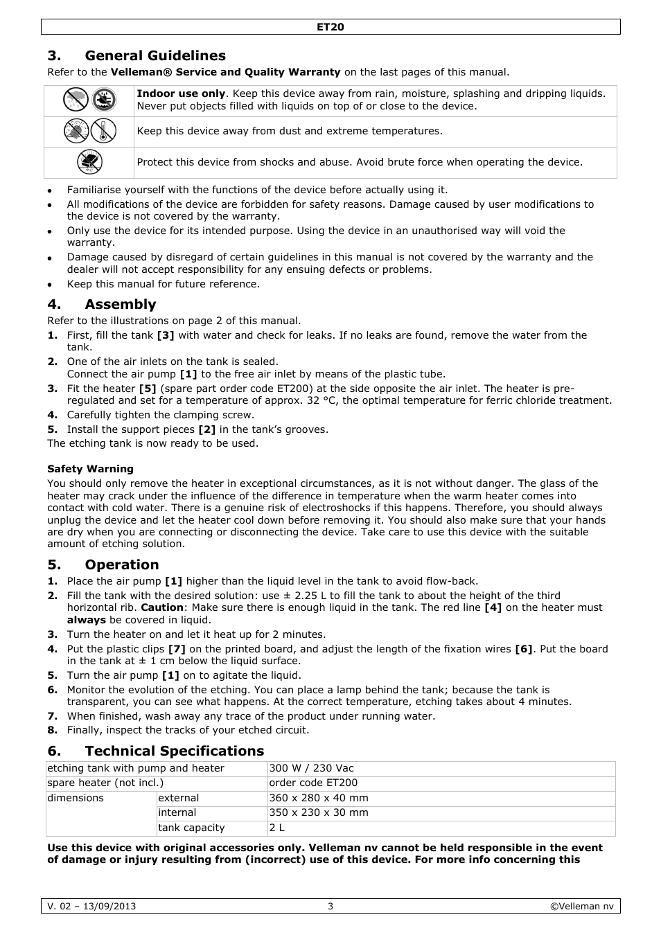 General guidelines, Assembly, Safety warning | Operation, Technical specifications | Velleman ET20 User Manual | Page 3 / 12