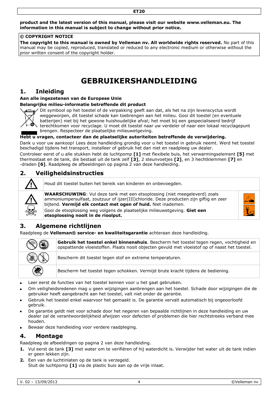 Gebruikershandleiding, Inleiding, Veiligheidsinstructies | Algemene richtlijnen, Montage | Velleman ET20 User Manual | Page 4 / 12