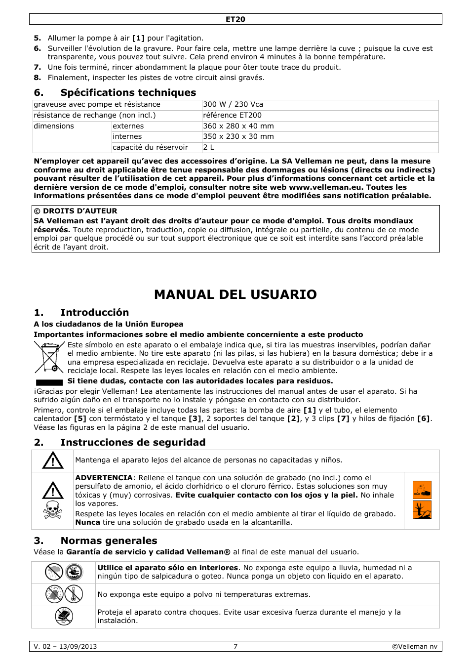 Spécifications techniques, Manual del usuario, Introducción | Instrucciones de seguridad, Normas generales | Velleman ET20 User Manual | Page 7 / 12