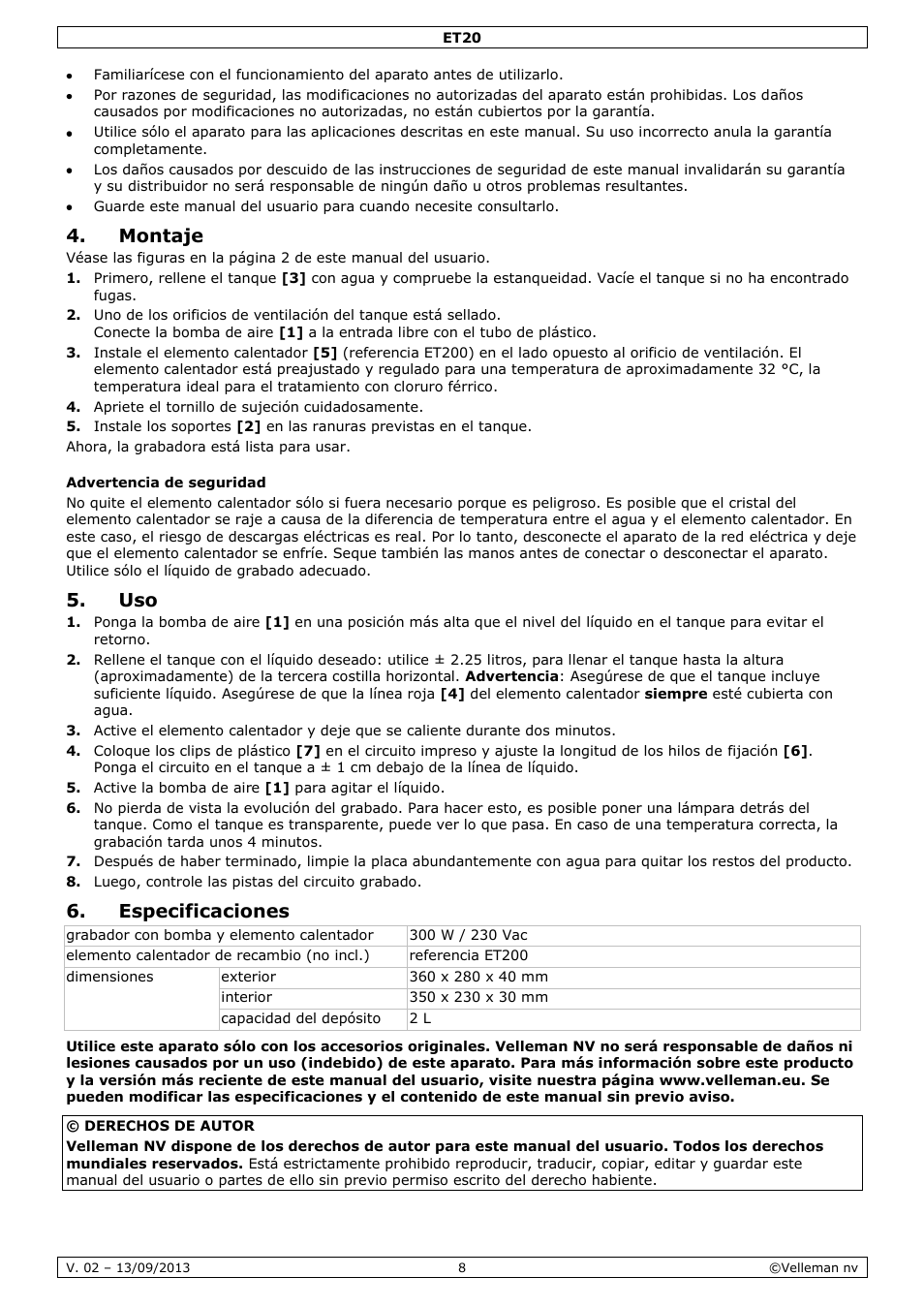 Montaje, Advertencia de seguridad, Especificaciones | Velleman ET20 User Manual | Page 8 / 12