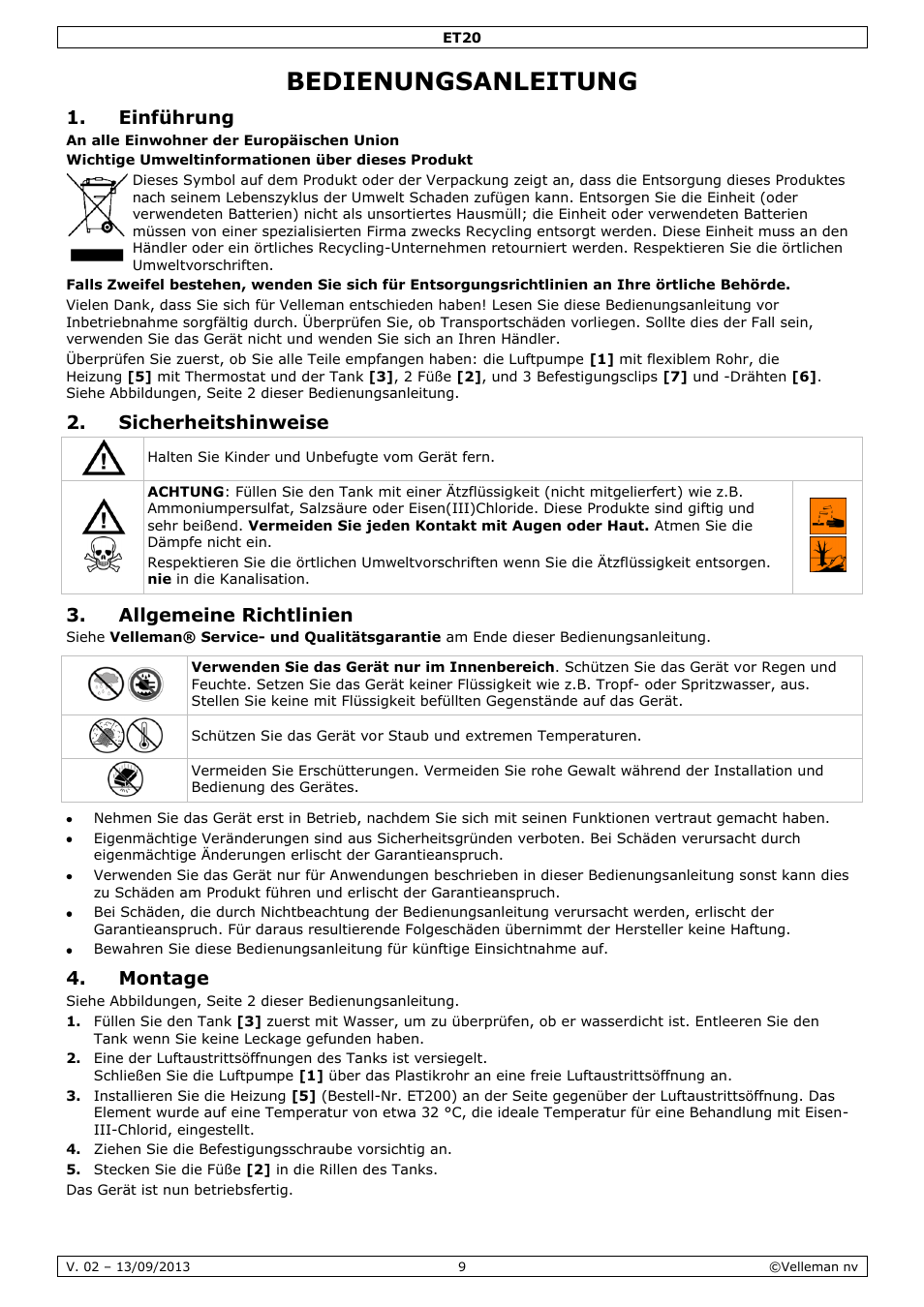 Bedienungsanleitung, Einführung, Sicherheitshinweise | Allgemeine richtlinien, Montage | Velleman ET20 User Manual | Page 9 / 12