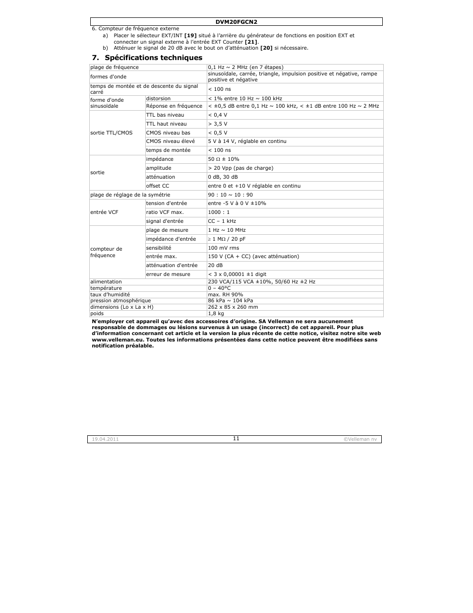 Spécifications techniques | Velleman DVM20FGCN2 User Manual | Page 11 / 19