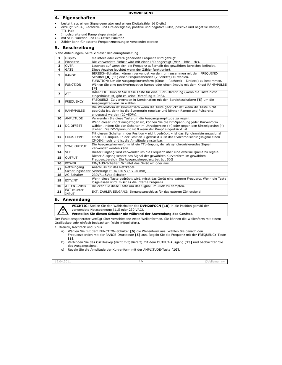 Eige, Enschaften, Schreibung | Wendung | Velleman DVM20FGCN2 User Manual | Page 16 / 19