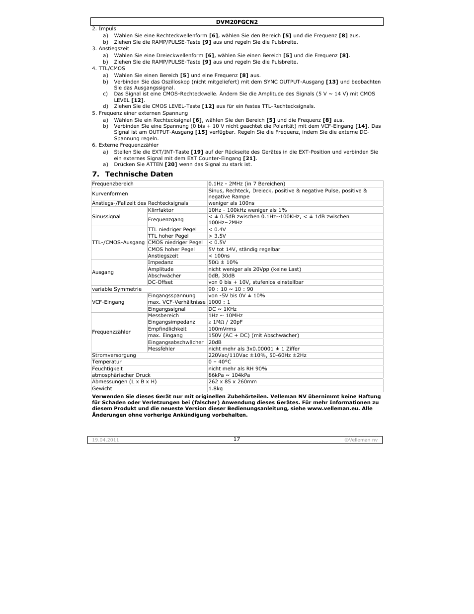 Technische daten | Velleman DVM20FGCN2 User Manual | Page 17 / 19