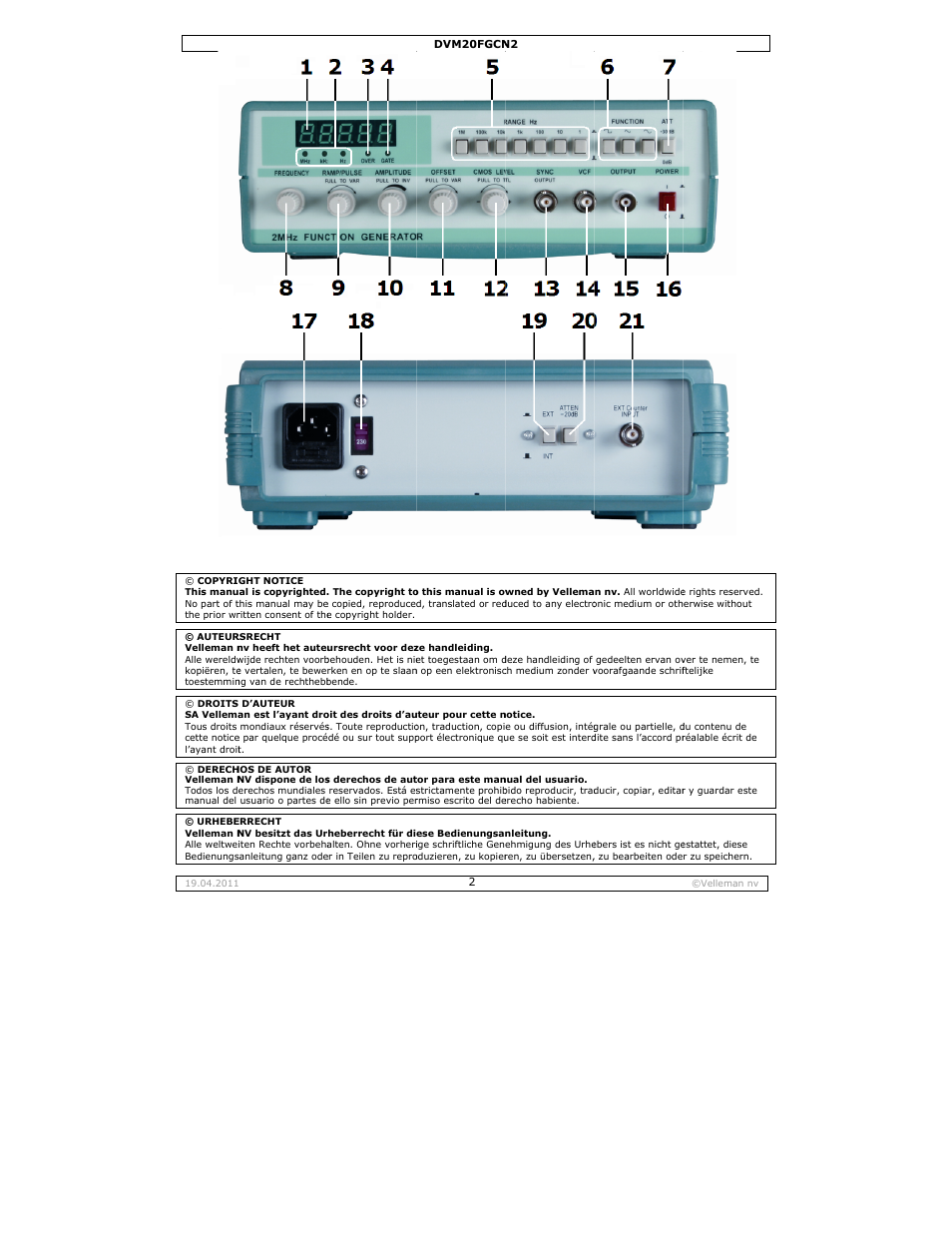 Velleman DVM20FGCN2 User Manual | Page 2 / 19