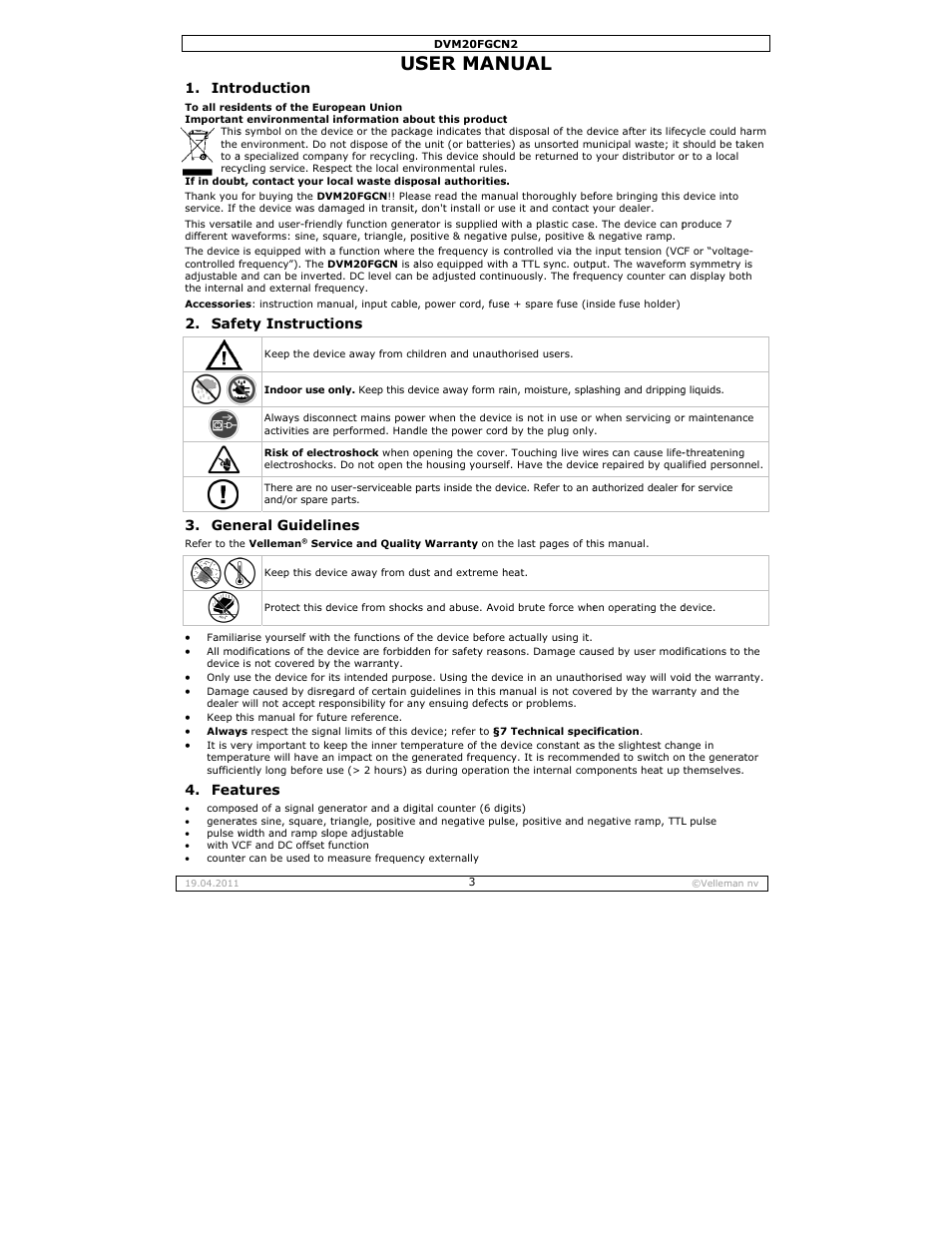 User manual, Ser man, Nual | Intr, Safe 3. gen, Roduction, Ety instruct, Neral guidel, Tures, Tions | Velleman DVM20FGCN2 User Manual | Page 3 / 19