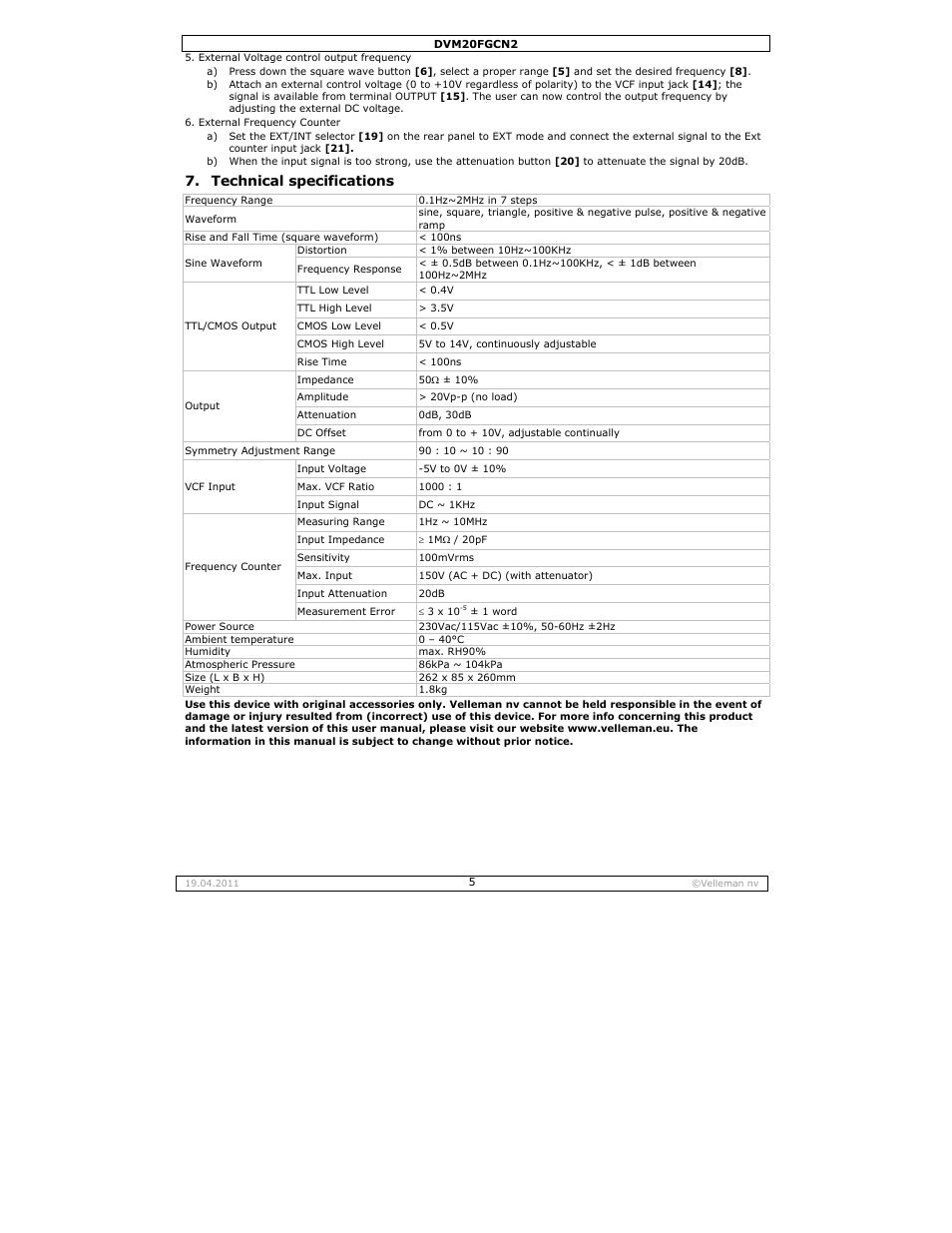 Technical specifications | Velleman DVM20FGCN2 User Manual | Page 5 / 19
