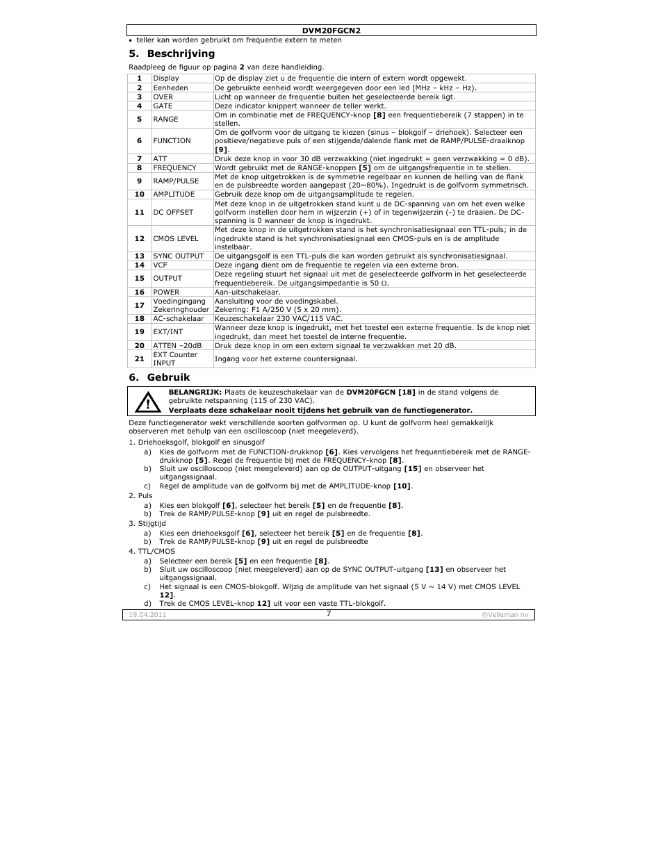 Schrijving, Bruik | Velleman DVM20FGCN2 User Manual | Page 7 / 19