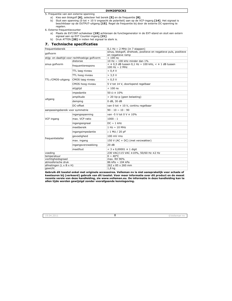 Technische specificaties | Velleman DVM20FGCN2 User Manual | Page 8 / 19