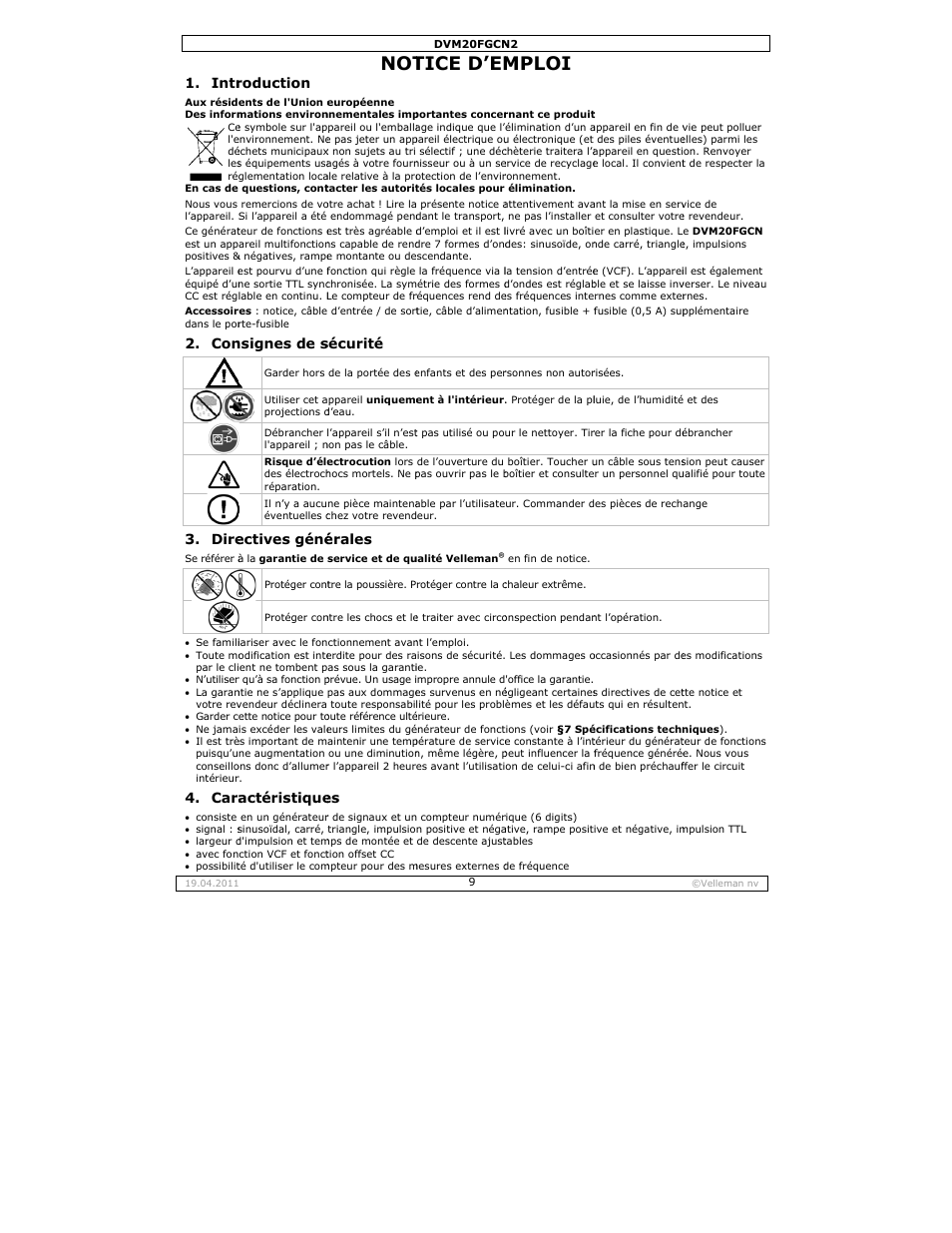 Notice d'emploi, Tice d’em, Mploi | Intr, Con 3. dire, Cara, Roduction, Nsignes de s, Ectives géné, Actéristique | Velleman DVM20FGCN2 User Manual | Page 9 / 19