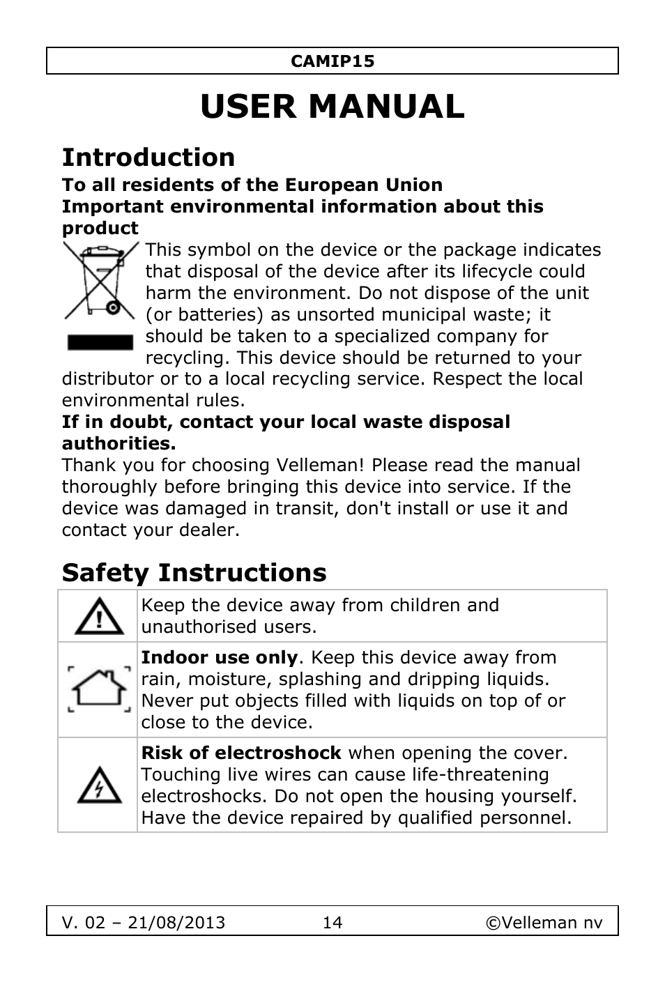 User manual, Introduction, Safety instructions | Velleman CAMIP15 User Manual | Page 14 / 62
