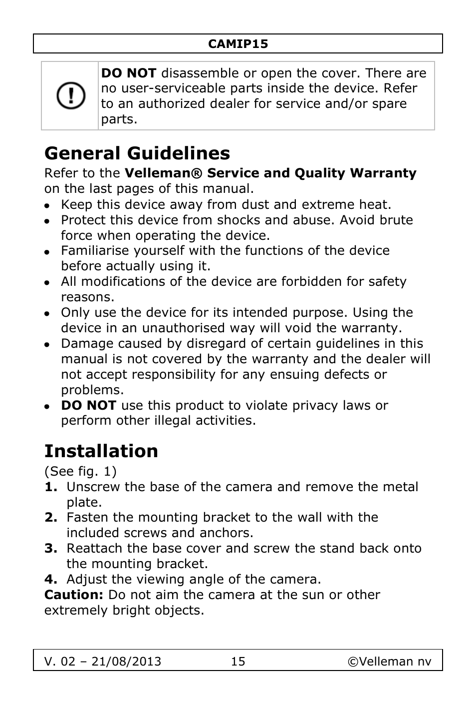 General guidelines, Installation | Velleman CAMIP15 User Manual | Page 15 / 62