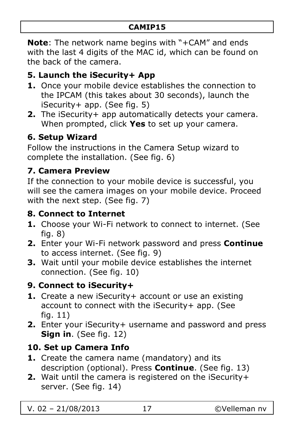 Launch the isecurity+ app, Setup wizard, Camera preview | Connect to internet, Connect to isecurity, Set up camera info | Velleman CAMIP15 User Manual | Page 17 / 62