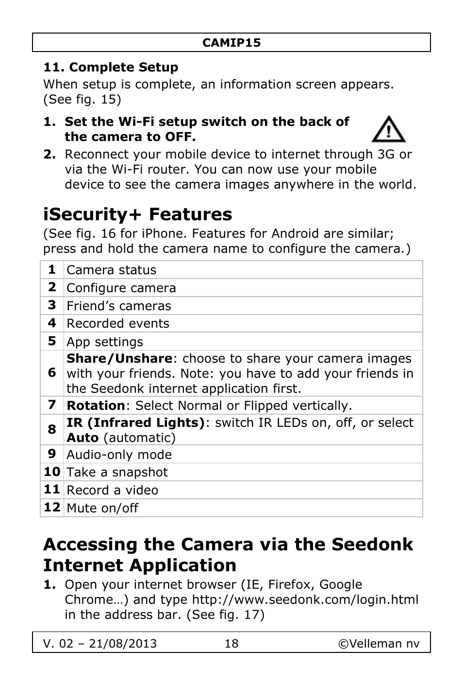 Complete setup, Isecurity+ features | Velleman CAMIP15 User Manual | Page 18 / 62