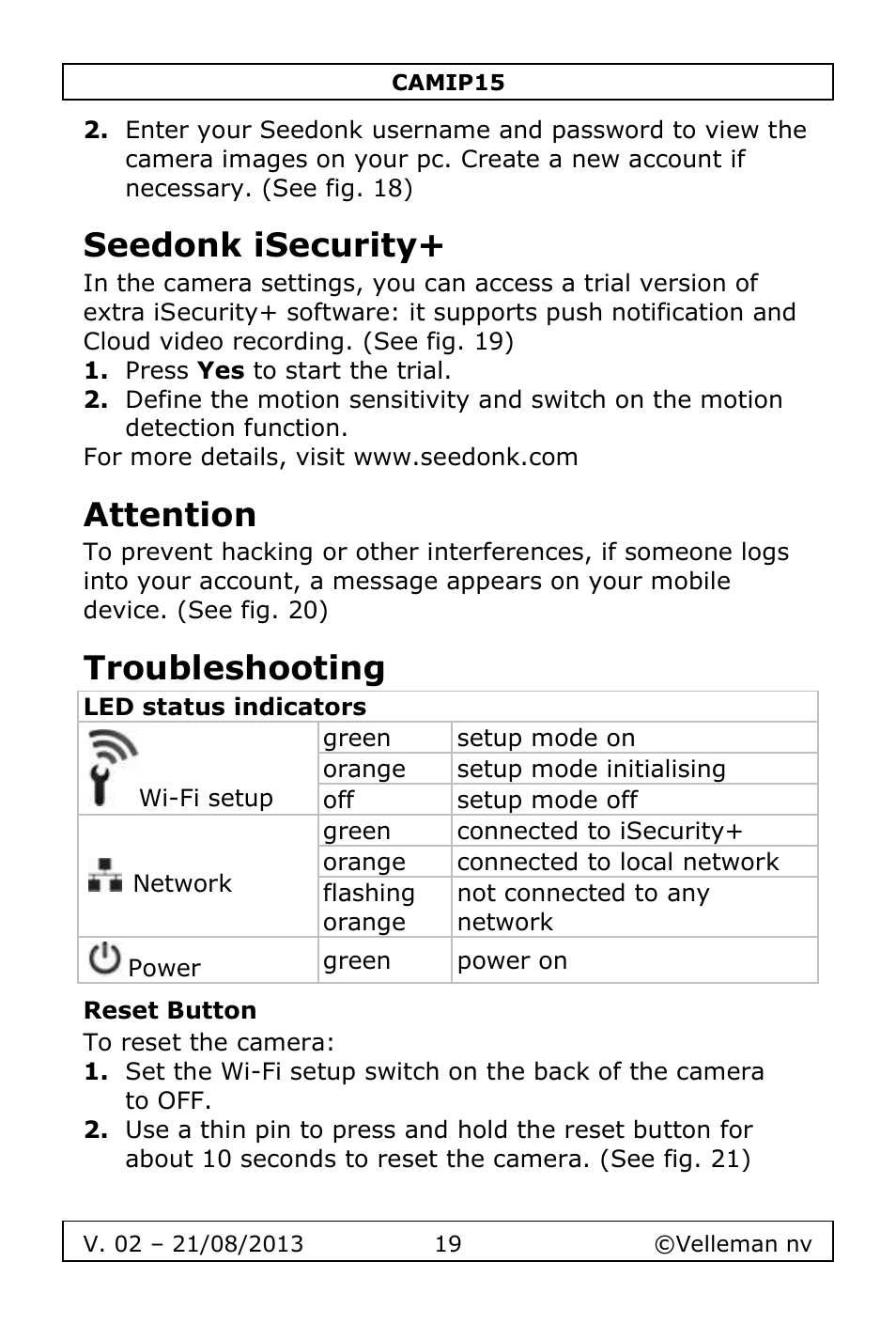 Seedonk isecurity, Attention, Troubleshooting | Reset button | Velleman CAMIP15 User Manual | Page 19 / 62