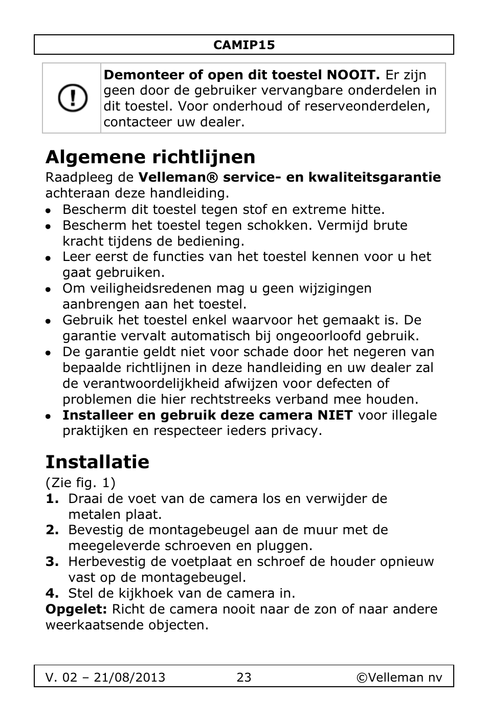 Algemene richtlijnen, Installatie | Velleman CAMIP15 User Manual | Page 23 / 62