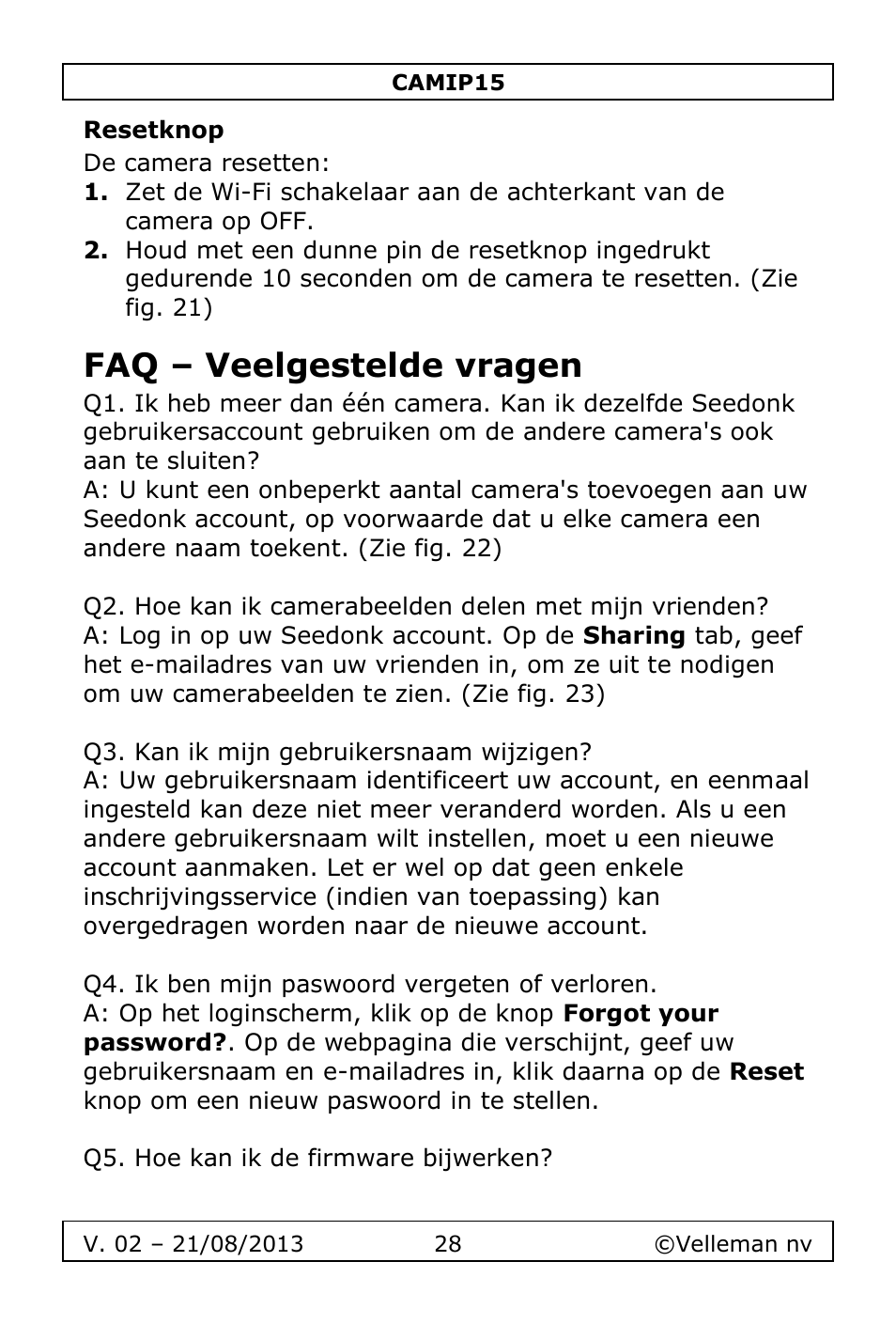 Resetknop, Faq – veelgestelde vragen | Velleman CAMIP15 User Manual | Page 28 / 62
