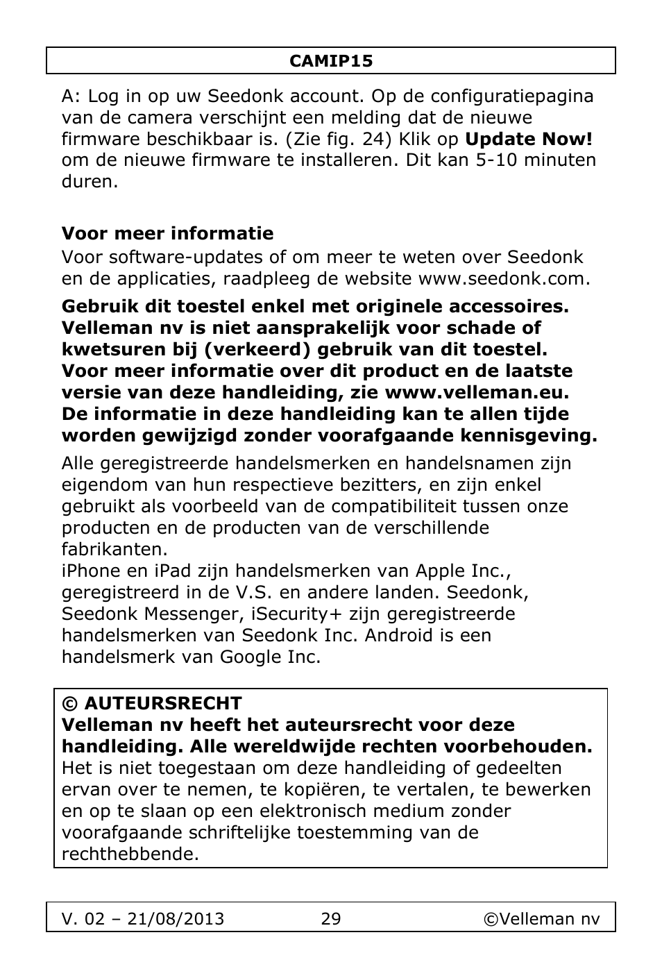 Voor meer informatie | Velleman CAMIP15 User Manual | Page 29 / 62
