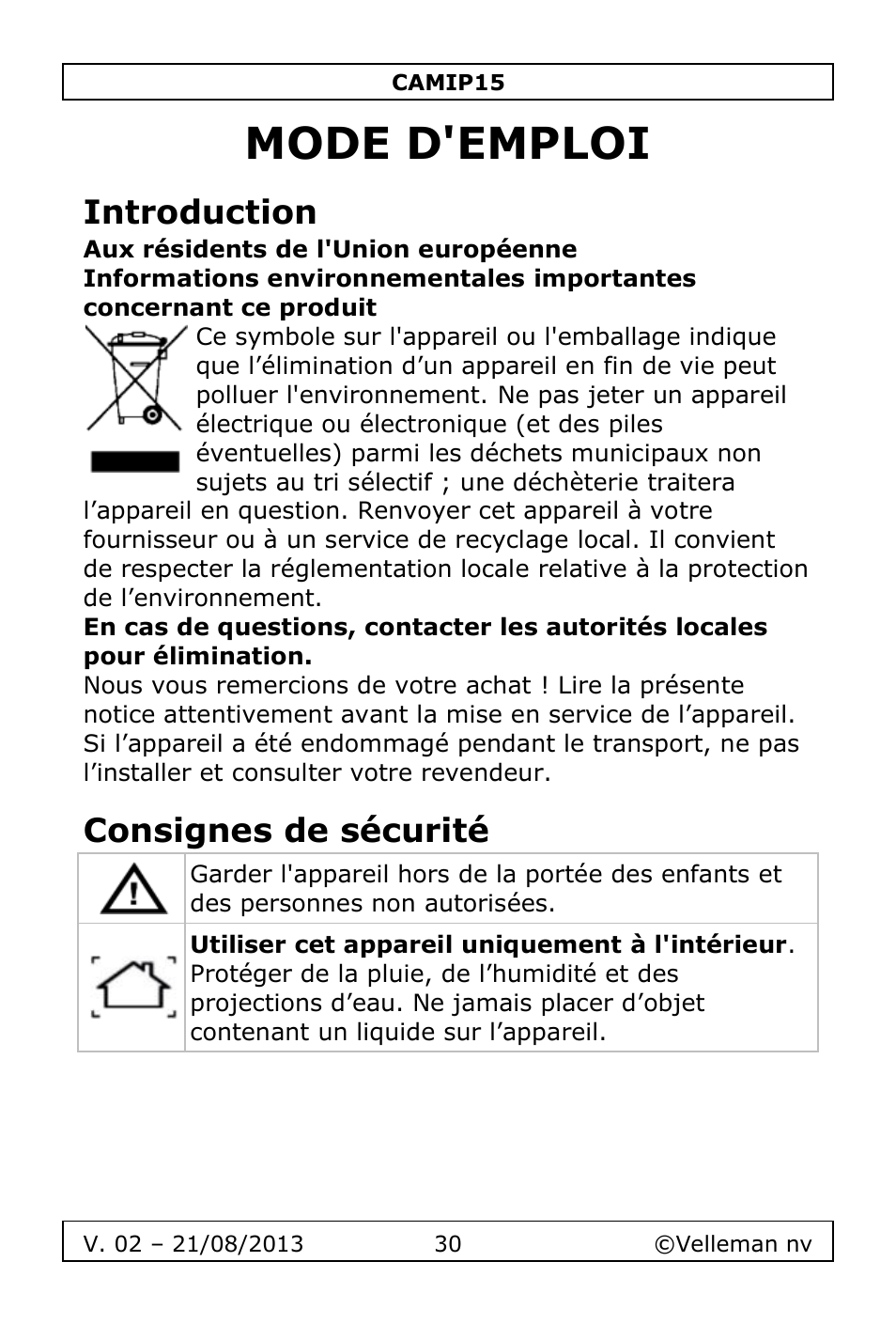 Mode d'emploi, Introduction, Consignes de sécurité | Velleman CAMIP15 User Manual | Page 30 / 62