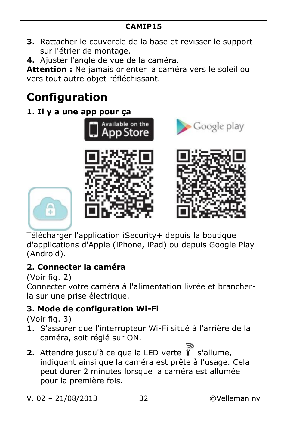 Configuration, Il y a une app pour ça, Connecter la caméra | Mode de configuration wi-fi | Velleman CAMIP15 User Manual | Page 32 / 62
