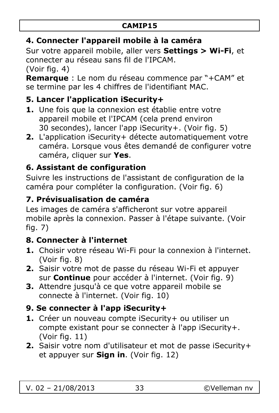 Connecter l'appareil mobile à la caméra, Lancer l'application isecurity, Assistant de configuration | Prévisualisation de caméra, Connecter à l'internet, Se connecter à l'app isecurity | Velleman CAMIP15 User Manual | Page 33 / 62