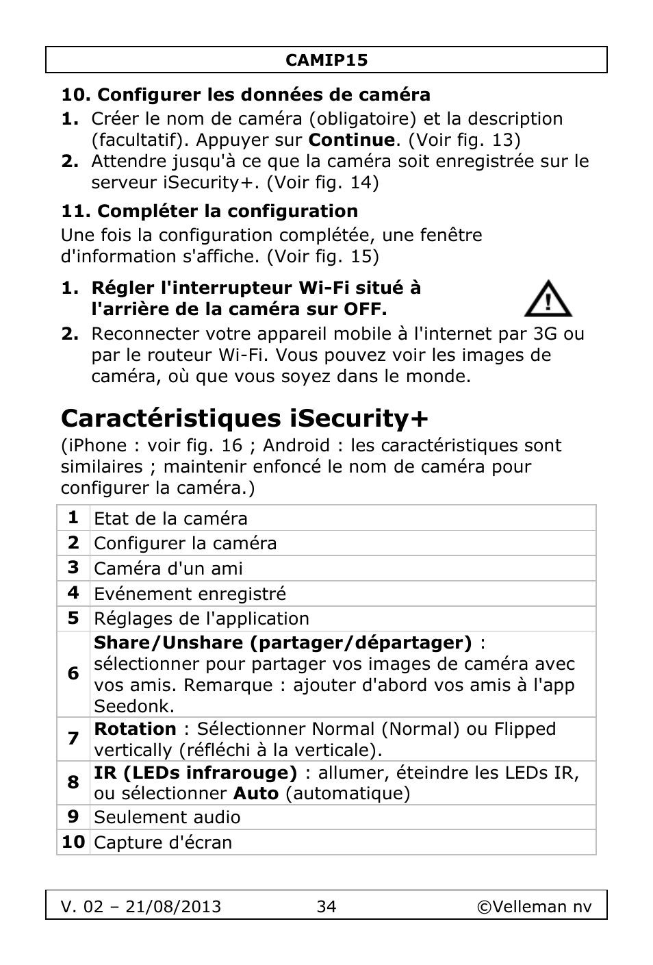 Configurer les données de caméra, Compléter la configuration, Caractéristiques isecurity | Velleman CAMIP15 User Manual | Page 34 / 62