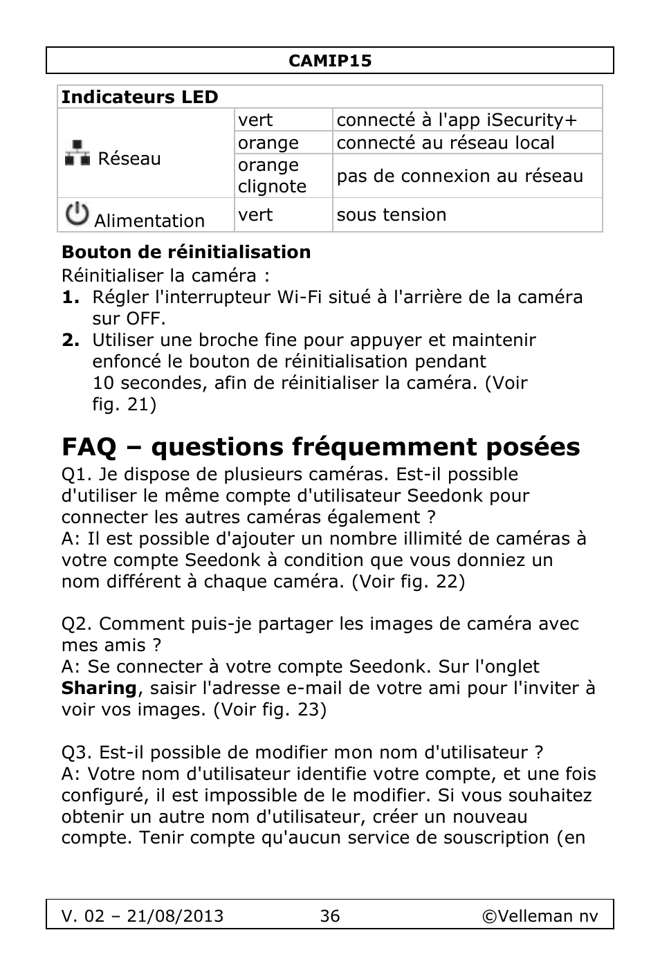 Bouton de réinitialisation, Faq – questions fréquemment posées | Velleman CAMIP15 User Manual | Page 36 / 62