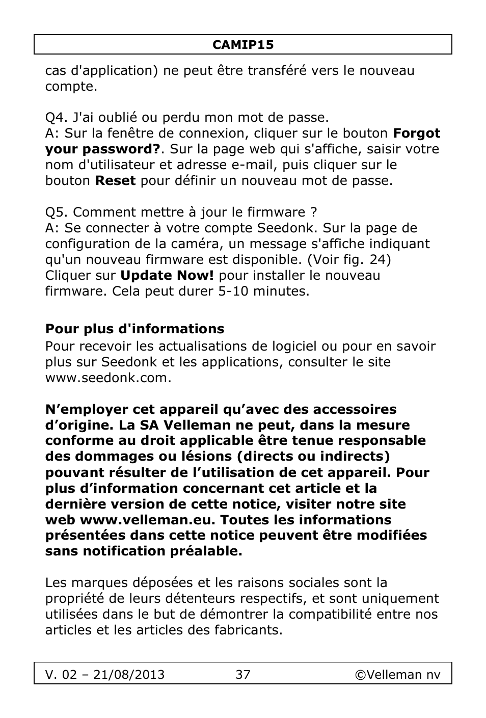 Pour plus d'informations | Velleman CAMIP15 User Manual | Page 37 / 62