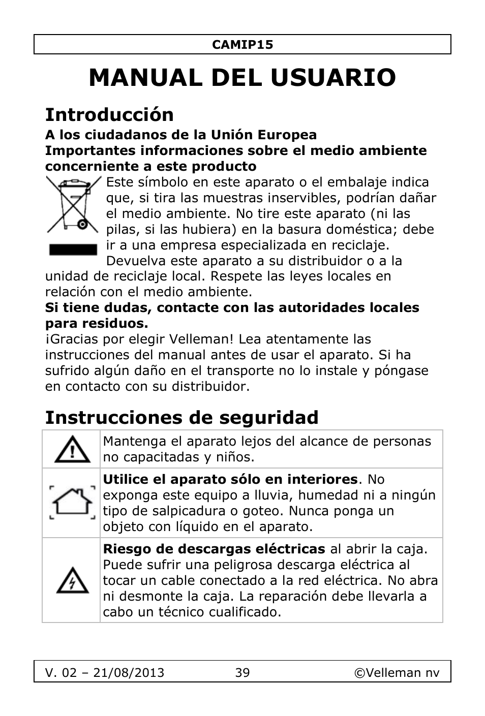 Manual del usuario, Introducción, Instrucciones de seguridad | Velleman CAMIP15 User Manual | Page 39 / 62