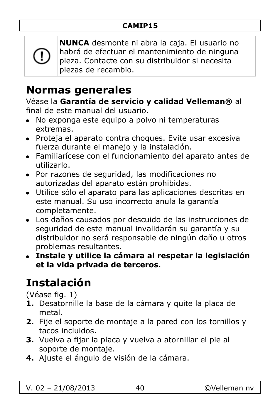 Normas generales, Instalación | Velleman CAMIP15 User Manual | Page 40 / 62