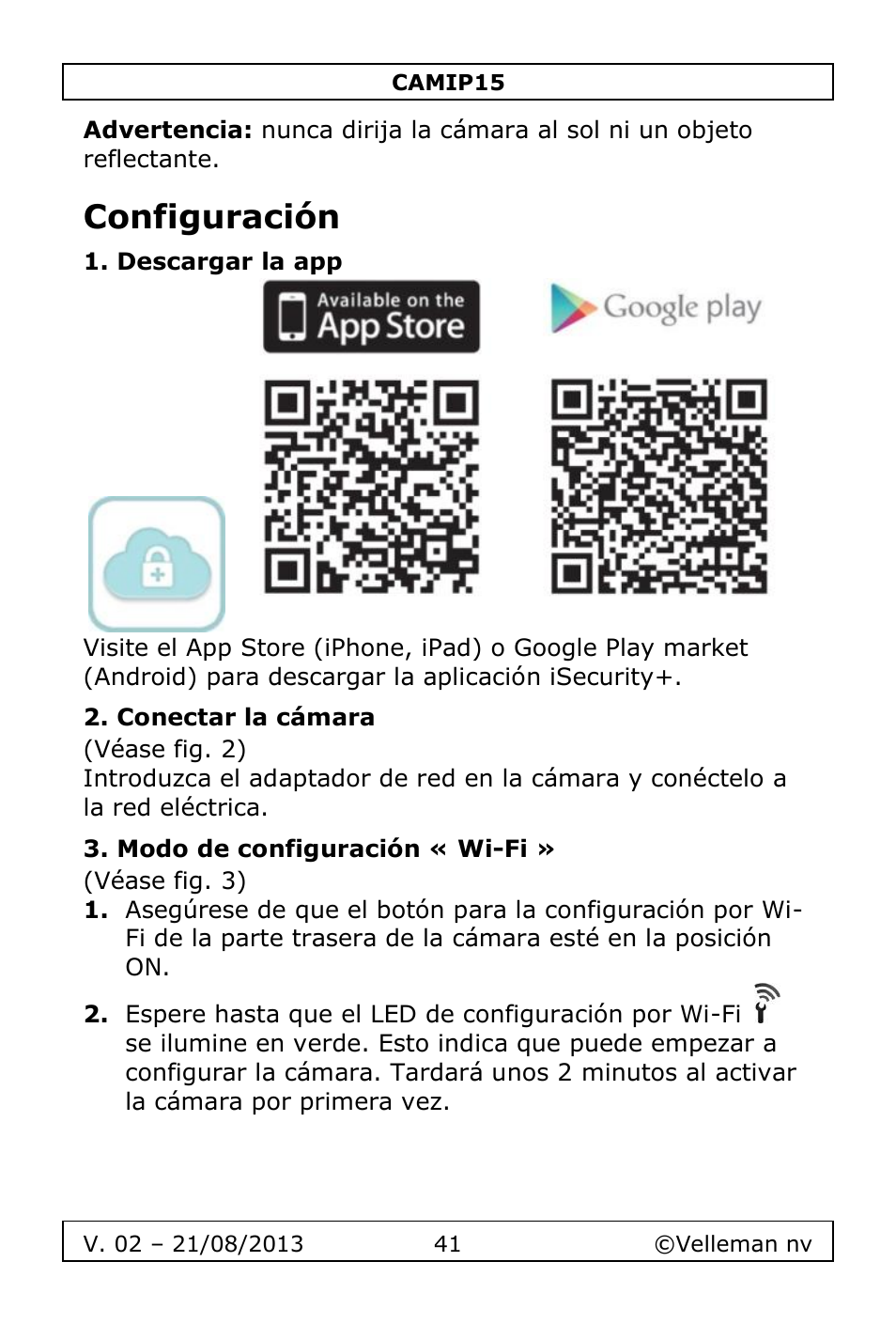 Configuración, Descargar la app, Conectar la cámara | Modo de configuración « wi-fi | Velleman CAMIP15 User Manual | Page 41 / 62