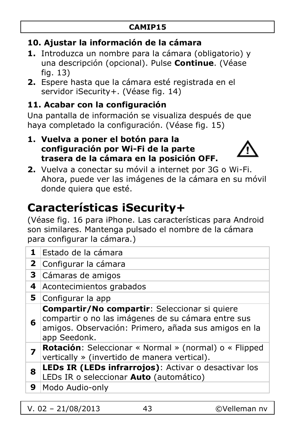 Ajustar la información de la cámara, Acabar con la configuración, Características isecurity | Velleman CAMIP15 User Manual | Page 43 / 62